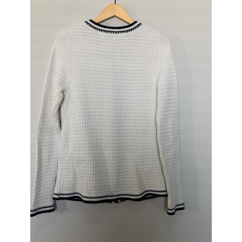 J Jill Wearever White Navy Textured Knit Cardigan Sweater S Tall Nautical - Picture 4 of 15